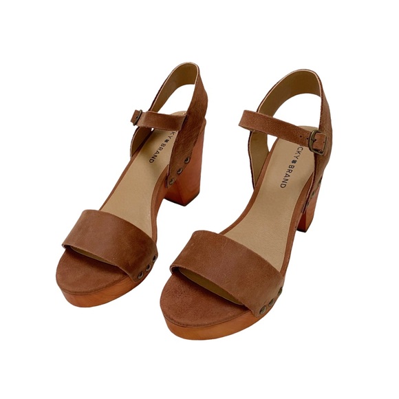 Luck Brand LK-Trisa Heeled Sandals Size 9/40 Leather Upper Brown Wooden Heel - Picture 4 of 12